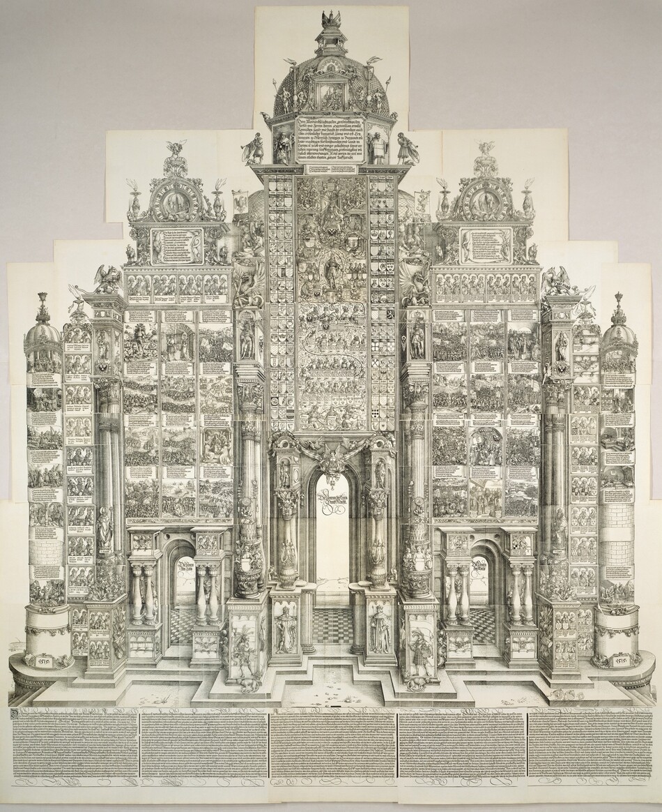 A stepped, ornately decorated structure made up of forty-four individual woodcuts and etchings printed with black ink on ivory-white paper fills this vertical composition. The structure has a tall central tower flanked by two shorter towers on each side. All three have an arched opening at the bottom. The outer towers are then flanked by three columns. Almost every inch of the structure is densely covered with architectural ornaments, coats of arms, Gothic text, and panels showing scenes with people in interiors or huge crowds in landscapes. Some scenes show soldiers engaged in battle, groups of kings and clergy, or individual men. Architectural ornament includes mythical creatures, gargoyles, saints, kings, and cherubs. The arched openings are tall and narrow, and have checkered floors. Words in elaborate Latin script appear inside the top of each of the three arches. Two ringed-tailed creatures resembling monkeys prowl outside the central arch. Two shallow steps lead down from the structure to five panels that line the base of the composition. Those five panels are filled with Gothic text. The date, "1515," appears at the base of the outermost column to each side.