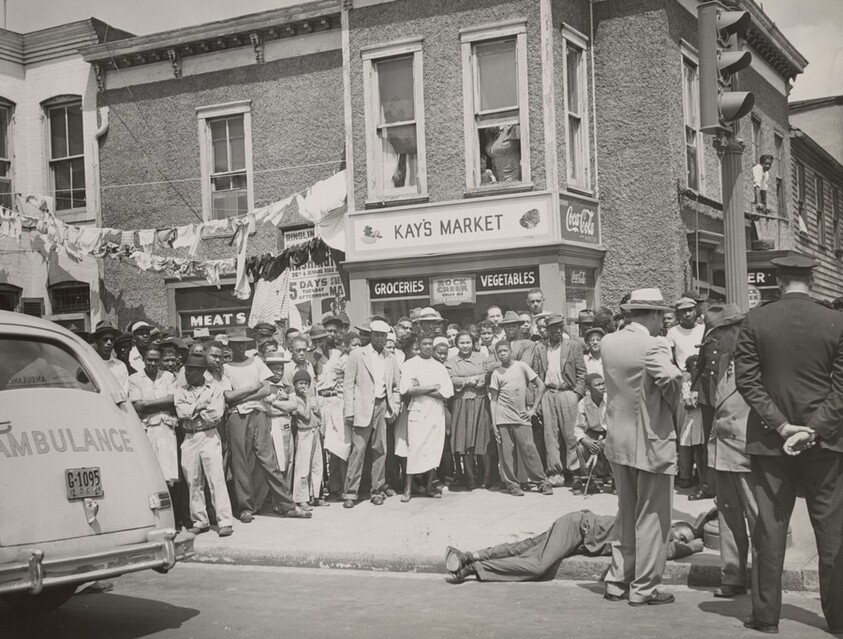 Passersby Watch Police and Ambulance Attendants after Edward White was Killed Yesterday