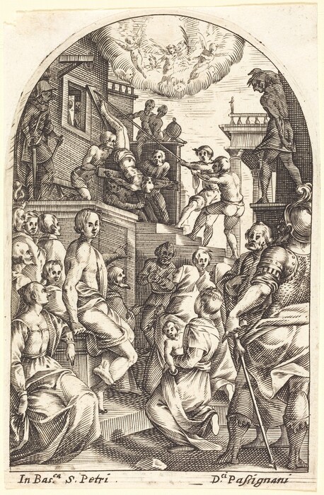 This is a drawing of a group of people gathered around a central figure on stairs, with cherubic figures in clouds above. The scene is densely populated with figures involved in various activities or interactions, creating movement and drama. Architectural structures frame the background, suggesting a public and significant setting. The drawing is characterized by intricate line work and cross-hatching, providing depth and contrast, highlighting figures' clothing and expressions. The composition leads the eye toward the central staircase, emphasizing the significance of the actions taking place there, while the celestial figures in the clouds add a divine or mystical element to the scene.