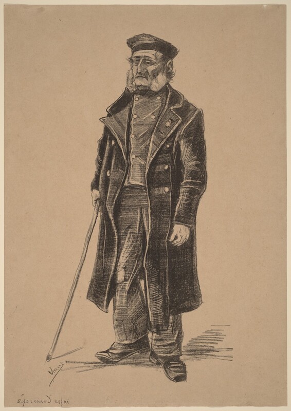 Printed with black and gray on tan-colored paper, a man wearing military-style clothing and a brimless cap stands holding a stick down by one side in this vertical lithograph. The man’s body is angled to our left, and he looks down and to our left with an unfocused gaze. His brows are gathered, and he has a beak-like nose, high cheekbones, a wide, cleft chin, and his lips are downturned. He has substantial white mutton chops, and his cap flares up to a flat top. His double-breasted vest is buttoned, and his shin-length coat hangs open. His pants are baggy over square-toed shoes. His left hand, to our right, hangs by his side, and the other hand holds the stick like a long sword at rest. The artist signed the print in the lower left corner of the image, “Vincent.” An inscription added below reads “épreuve d’essai.”