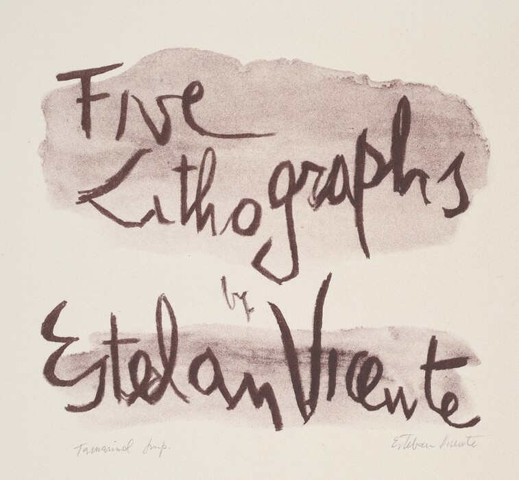 The image shows handwritten text that reads "Five Lithographs by Esteban Vicente." The letters are bold and expressive, written in a free-form style over a soft, subdued background of ink or color wash. The overall presentation is casual and artistic, exuding a sense of movement and energy.
