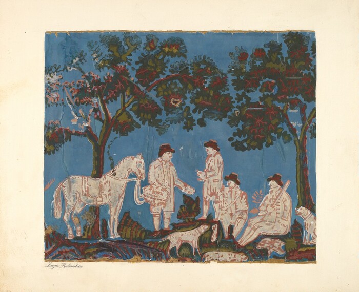 This is a painting of a pastoral scene featuring figures, a horse, and dogs under a blue sky. The image shows four figures dressed in 18th-century attire, amidst tall trees with detailed foliage. A white horse is on the left, accompanied by several dogs around the figures. The trees have rich, multi-colored leaves contrasting with the deep blue sky. The figures and animals are stylized in a charming, naive style, reminiscent of Jean-Baptiste Pillement's work.