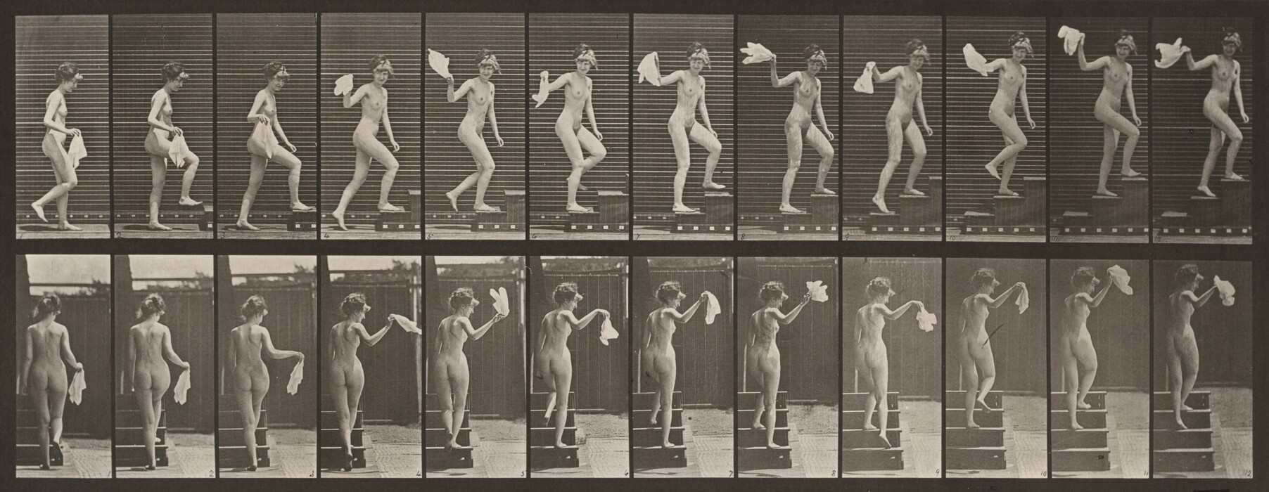 The image shows a series of photographs featuring a woman in motion on a set of steps. She is captured in different dynamic poses as she steps up and down. In each frame, she holds a white cloth that changes position. The woman's hair is short or tied back, and she is unclothed. The background features a grid pattern in the top row and an outdoor scene with fences in the bottom row, providing a neutral setting for the motion sequence.