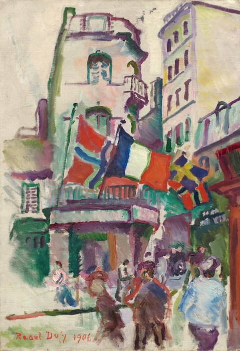 People walk or stand along a city street in front of buildings outlined in amethyst purple and hung with flags in this loosely painted, vertical composition. In the bottom quarter of the canvas, the people are painted with a few strokes of brown, pale blue, dark purple, or pale pink. Two four or five-story buildings fill most of the rest of the composition. Four flags flutter from flagpoles along a balcony or arcade on the central building. Two flags have blue crosses outlined in white against red backgrounds. One other is vertically striped with blue, white, and then red, and the fourth has a yellow cross on a blue background. The upper-story exterior walls of the buildings and the sky are mottled parchment white with a few touches of very pale pink or yellow. The artist signed the painting in the lower left corner, “Raoul Dufy 1906.”