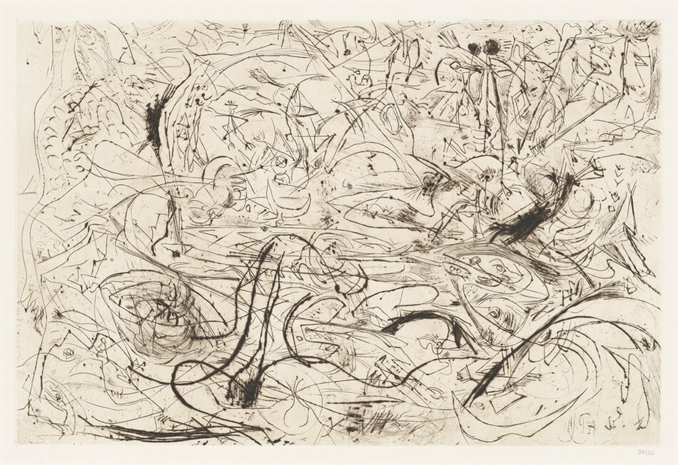 Printed in very dark brown on white paper, curling, zigzagging, and straight lines, some delicate and some gouged, are spaced fairly evenly across this horizontal, abstract engraving and drypoint. Most of the deeply cut lines are in the lower right quadrant with a couple curving across the left half. Some of the delicate lines create the impression of crescent moons, birds, and shapes among what first appears to be chaos. Graphite writing in the lower margin in the right corner reads, “38/50.”