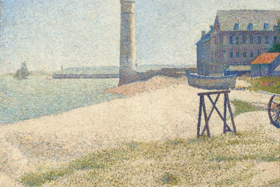 Painted entirely with small dots of pure color mostly in slate and azure blue, olive green, and cream white, this scene shows a sandy beach stretching to a lighthouse at the center and a four-story building to our right in this horizontal seascape. The tall, slender lighthouse standing on the water’s edge a short distance from us is painted with specks of azure and sky blue, ivory, and peach. In the distance to our left, a pier stretches into the sea along the horizon, which comes about two-thirds of the way up this composition. A sailboat floats just off the pier, near the left edge of the painting. To our right of the lighthouse and extending off the right edge of the canvas, the building has three levels of windows and a row of dormers along the tall, peaked roof. The building is painted with touches of dove gray, sapphire blue, and pale pink. In front of the building and to our right, a denim-blue shed has a tangerine-orange roof. A wooden rowboat outlined in cornflower blue with flecks of dandelion yellow rests on the sand next to the shed. In front of us, dots of moss green blend into the blond tones of the sand, creating an impression of grass on the beach. Sunlight shimmers on the sea to our left, which is painted with short dashes of mint and seafoam green, baby blue, cream, and shell pink, beneath a clear, ice-blue sky.
