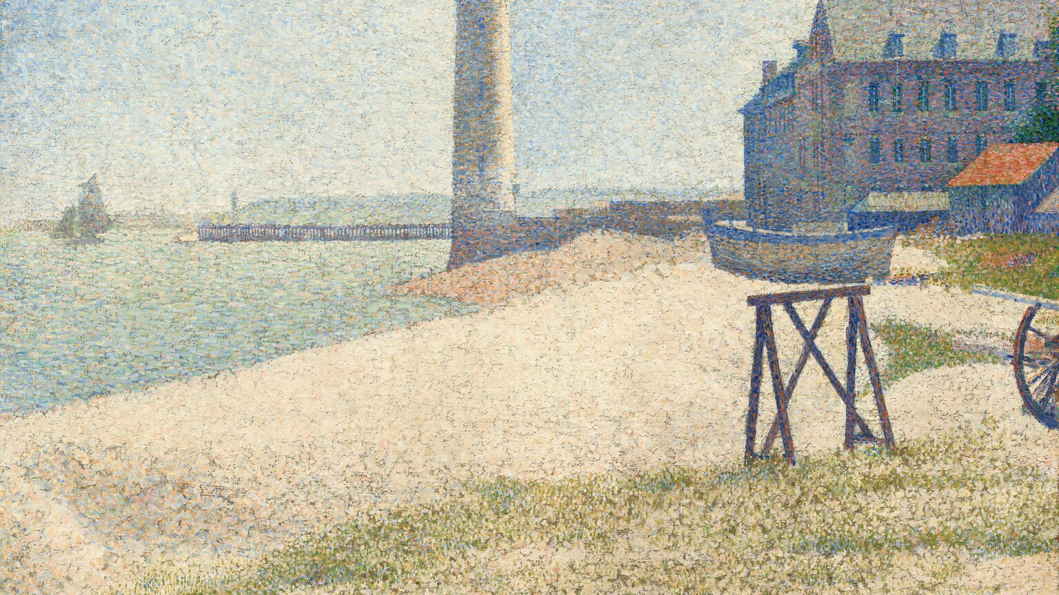 Painted entirely with small dots of pure color mostly in slate and azure blue, olive green, and cream white, this scene shows a sandy beach stretching to a lighthouse at the center and a four-story building to our right in this horizontal seascape. The tall, slender lighthouse standing on the water’s edge a short distance from us is painted with specks of azure and sky blue, ivory, and peach. In the distance to our left, a pier stretches into the sea along the horizon, which comes about two-thirds of the way up this composition. A sailboat floats just off the pier, near the left edge of the painting. To our right of the lighthouse and extending off the right edge of the canvas, the building has three levels of windows and a row of dormers along the tall, peaked roof. The building is painted with touches of dove gray, sapphire blue, and pale pink. In front of the building and to our right, a denim-blue shed has a tangerine-orange roof. A wooden rowboat outlined in cornflower blue with flecks of dandelion yellow rests on the sand next to the shed. In front of us, dots of moss green blend into the blond tones of the sand, creating an impression of grass on the beach. Sunlight shimmers on the sea to our left, which is painted with short dashes of mint and seafoam green, baby blue, cream, and shell pink, beneath a clear, ice-blue sky.
