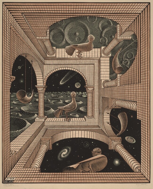 At first glance, this vertical woodblock print shows six arched openings piercing walls, each of which frames a bird or horn with a view onto an outer space environment beyond. The walls and columns are printed brown and defined with grids in black or white. The logic indicating upright and upside down is confused, and the views out the openings shift to create disorienting optical effects. Neighboring arches pierce the walls to our left and ahead of us. A horn hangs from the left arch and what appeared to be a bird more closely resembles a bird with a person or a sphinx’s face. The view out these two windows shows a cratered landscape with planets and a comet across the dark sky. Below that, two more arches are cut into the wall that seems to be at the bottom of this space and the lower half of the right-hand wall. But we look up at the bird in front of us and the horn hanging from the right, so the top of these arches point toward the first pair, which are parallel to us. The view out these windows encompass swirling galaxies, stars, and planets in a black sky. The third pair of arches is on the top of the image, but we look down onto this pair, including the bird’s head and the opening of the horn. The view out these windows is down onto different sized craters that intersect like rings from stones tossed into a still lake. The artist signed the work with his blocky monogram in the lower left corner, as if on the face of that wall there as it zooms away from us: “I-’47 MCE.” The artist also signed the lower left margin, “MC Escher” with graphite and inscribed something in the right corner, but this is illegible in this image.