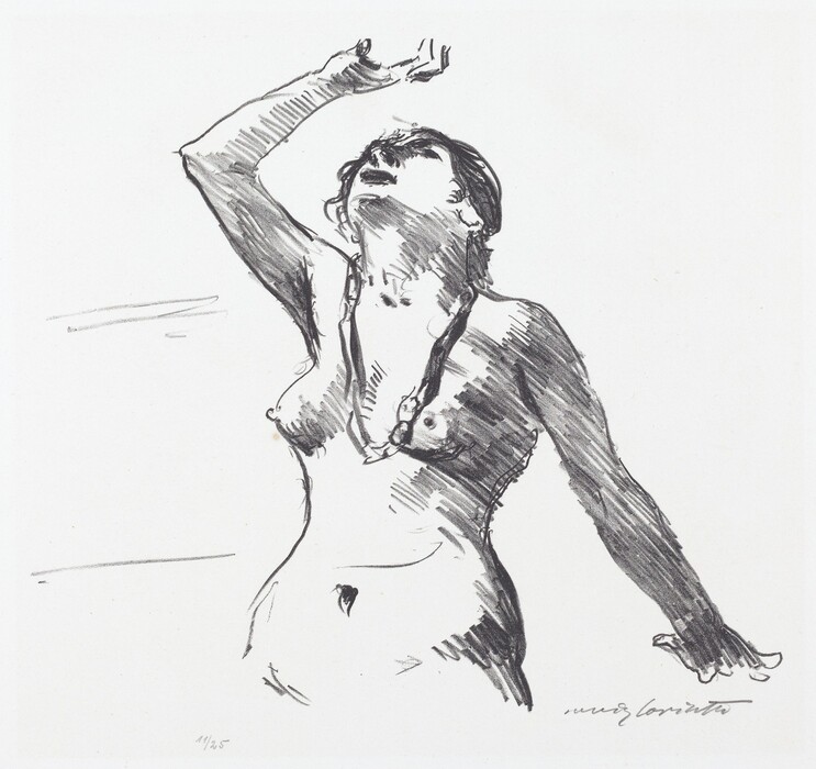 The image is a monochromatic illustration of a person's upper body from the waist up. The individual is in a dynamic pose with one arm raised over the head and the other arm extended slightly downwards. The head is tilted back with an upward gaze, and the facial features, including the open mouth and closed eyes, are highlighted. The person has short dark hair and is depicted without clothing, wearing a necklace with large beads. The background is plain with no additional elements.