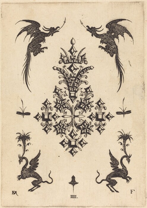 The image depicts intricate geometric patterns intertwining with elaborate lines forming an abstract composition at the center. Surrounding the central pattern, two dragon-like creatures with elongated tails and detailed wings hover at the top corners. Below, two smaller dragon-like figures stand on hind legs with floral elements sprouting from their backs. On either side of the central design, two symmetrical elements resemble dragonflies.