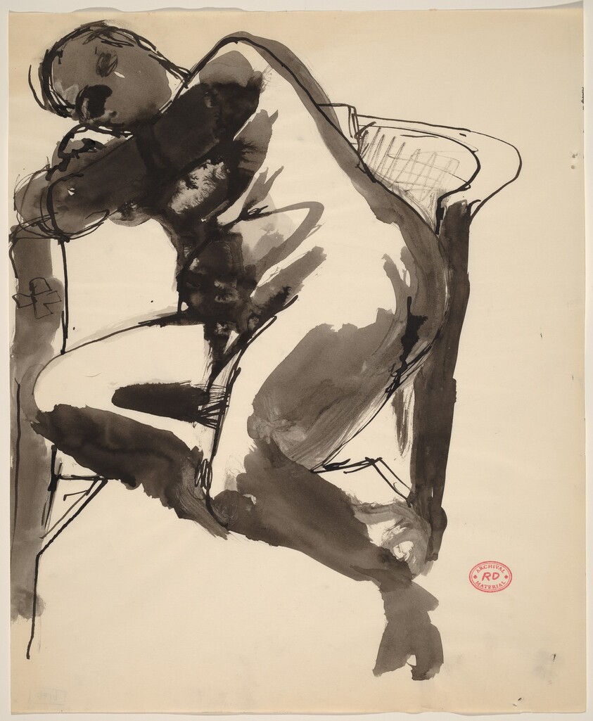 Untitled [seated female nude leaning against chair]