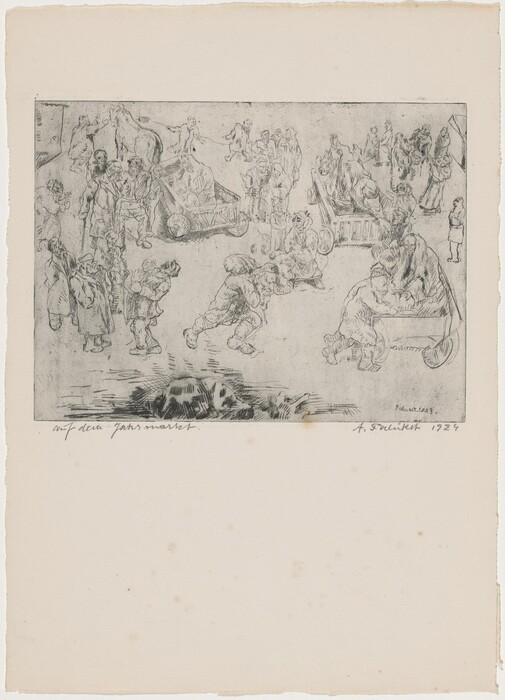 This is a drawing of a market scene filled with various figures and objects. The image captures a bustling market activity with carts and items scattered around. The figures are engaged in common market activities like trading or arranging goods. There are also animals in the scene.