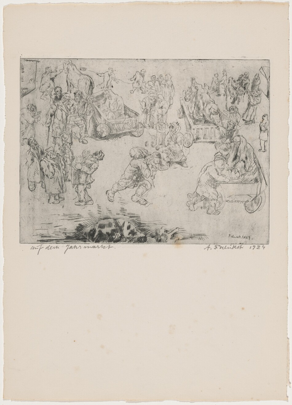 This is a drawing of a market scene filled with various figures and objects. The image captures a bustling market activity with carts and items scattered around. The figures are engaged in common market activities like trading or arranging goods. There are also animals in the scene.
