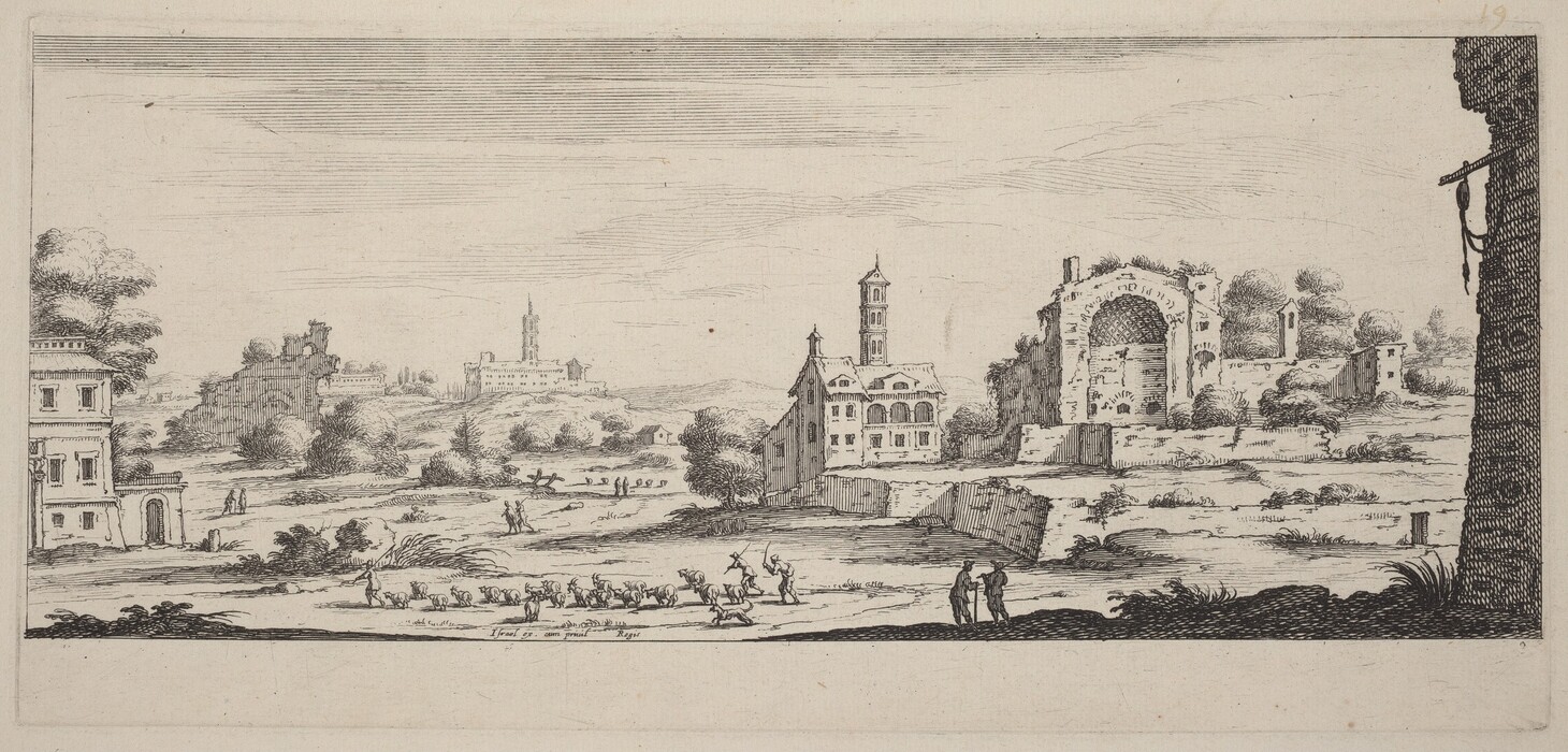 The image shows a landscape with various elements placed throughout. The horizon is low, extending into the distance to reveal architectural ruins and pastoral elements. In the distance, there are structures and a tower, suggesting a historic and urban setting. The brushwork is detailed, with precise linework depicting trees, people, and animals. The color palette is black and white, highlighting the etching's details. Figures are shown tending to sheep, engaging in daily agricultural activities. Classical buildings, some in ruins, rise behind them, creating a contrast between nature and human structures. The sky above exhibits linear striations, adding depth to the scene.
