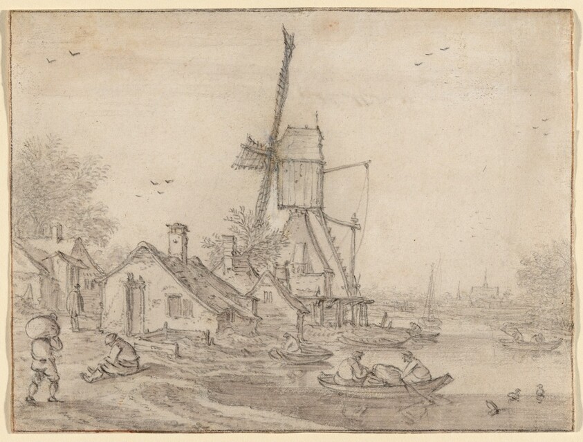 A Windmill and Cottages on a River Bank, Men in Rowing Boats