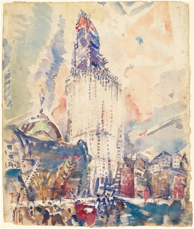 A towering skyscraper zooms up and away from us in this loosely painted, vertical watercolor. People and buildings crowding the bottom third of the composition are painted in almost abstract shapes in tones of lapis and slate blue, harvest yellow, garnet red. In the center of the composition, the lower two-thirds of the Woolworth Building are lined with ghostly rows of pale blue and brown windows over mostly blank, cream-white paper. The top third of the building is painted with more saturated violet and smoky purple beneath a coral red tip. Slashes and swishes in pastel peach, blue, and yellow fill the sky.