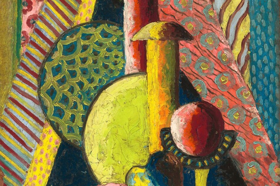 Geometric shapes and pieces of fruit in vivid yellow, red, midnight blue, cool green, and orange form a rough pyramid on a mottled brown surface or table in this vertical, abstracted still life painting. The objects and surrounding patterns are painted with visible, textured brushstrokes. The tallest shape is a crimson-red cylinder in the center. In front of and just to the right of the red cylinder is a corn-yellow cylinder topped with a semi-circle resembling a mushroom cap. Next is a red orb, perhaps an apple, sitting in a half-moon shaped, blue and black dish or cup with a yellow footed stem. Balancing out these descending forms are two half-circles that flare to our left from behind the cylinders. The upper disk has a yellow fish-scale pattern against teal blue, and the other lightens from lime green at the center to lemon yellow at the perimeter. Four pieces of fruit are in front of the pyramid. From left to right are a half an oval melon with a dark blue skin and pink flesh, a cluster of acid-green grapes, a pear painted in cobalt blue and bright yellow, and an orange piece of fruit. Slices of pattern cut diagonally across the background and overlap. At the front, turquoise flowers with yellow centers are arranged against coral pink and black lines. Other slices have stripes, polka dots, or more flowers in tones of bright yellow, cranberry red, carnation pink, and sky blue. A vertical band up the right edge of the composition has pale blue dots against celestial blue.