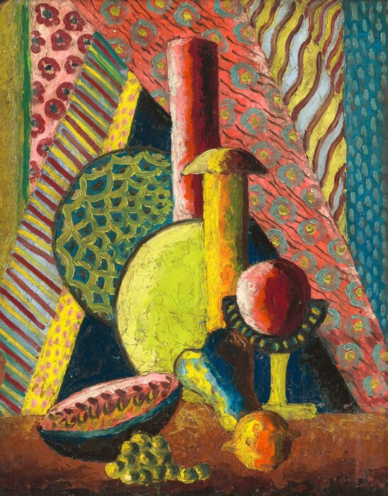 Geometric shapes and pieces of fruit in vivid yellow, red, midnight blue, cool green, and orange form a rough pyramid on a mottled brown surface or table in this vertical, abstracted still life painting. The objects and surrounding patterns are painted with visible, textured brushstrokes. The tallest shape is a crimson-red cylinder in the center. In front of and just to the right of the red cylinder is a corn-yellow cylinder topped with a semi-circle resembling a mushroom cap. Next is a red orb, perhaps an apple, sitting in a half-moon shaped, blue and black dish or cup with a yellow footed stem. Balancing out these descending forms are two half-circles that flare to our left from behind the cylinders. The upper disk has a yellow fish-scale pattern against teal blue, and the other lightens from lime green at the center to lemon yellow at the perimeter. Four pieces of fruit are in front of the pyramid. From left to right are a half an oval melon with a dark blue skin and pink flesh, a cluster of acid-green grapes, a pear painted in cobalt blue and bright yellow, and an orange piece of fruit. Slices of pattern cut diagonally across the background and overlap. At the front, turquoise flowers with yellow centers are arranged against coral pink and black lines. Other slices have stripes, polka dots, or more flowers in tones of bright yellow, cranberry red, carnation pink, and sky blue. A vertical band up the right edge of the composition has pale blue dots against celestial blue.