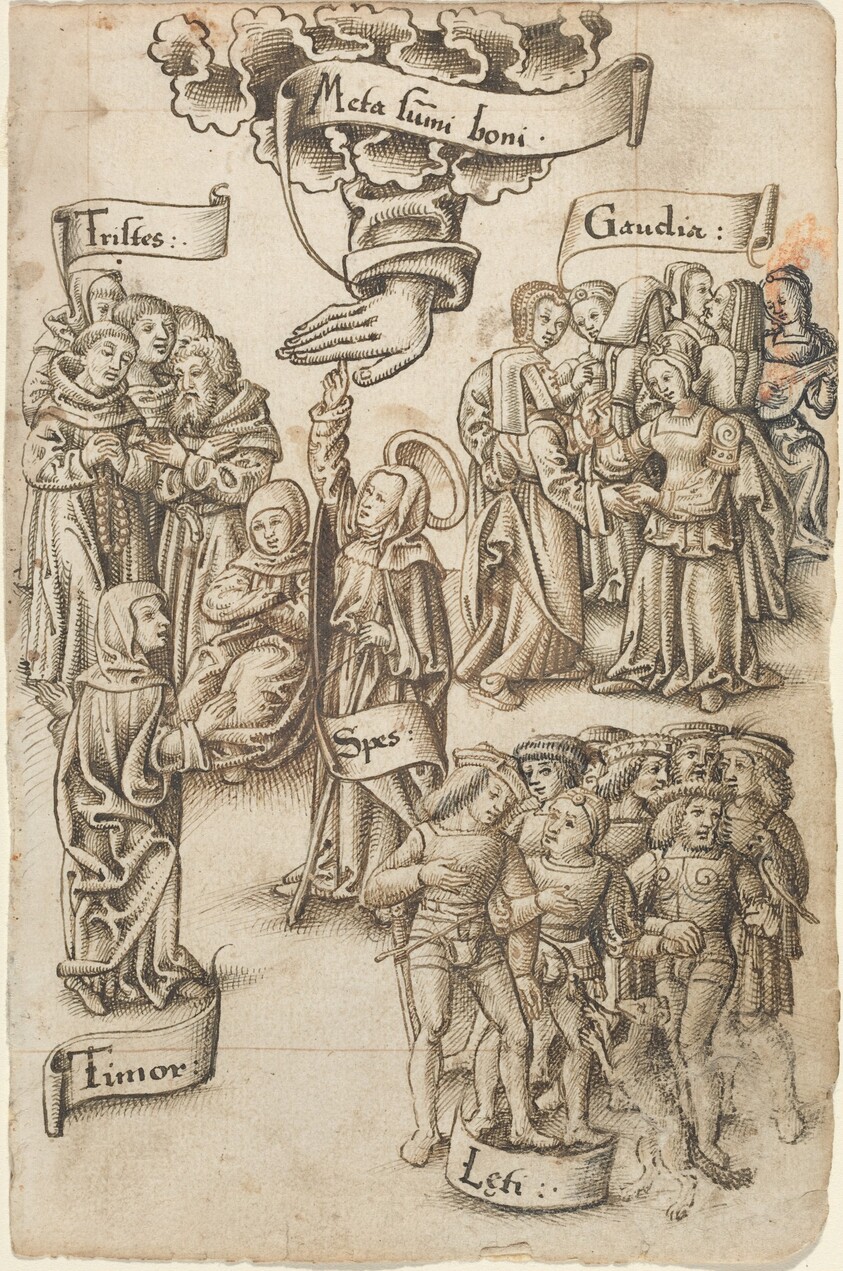 Hope, Reaching for Heaven, Stands among Sad and Happy Men, Joys, and Fear [fol. 19 recto]