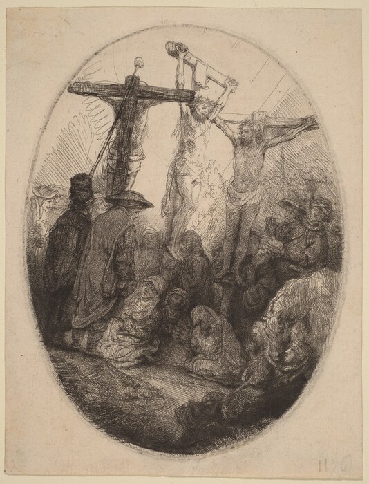 This is a drawing of a crucifixion scene. It depicts a central figure on a cross, flanked by two others on either side, also on crosses. There is a significant amount of detail in the figures' expressions and body language. A group of individuals are gathered at the base of the crosses, engaged in varied postures. The use of line work and shading creates depth and texture. The composition conveys a strong narrative, typical of religious imagery.