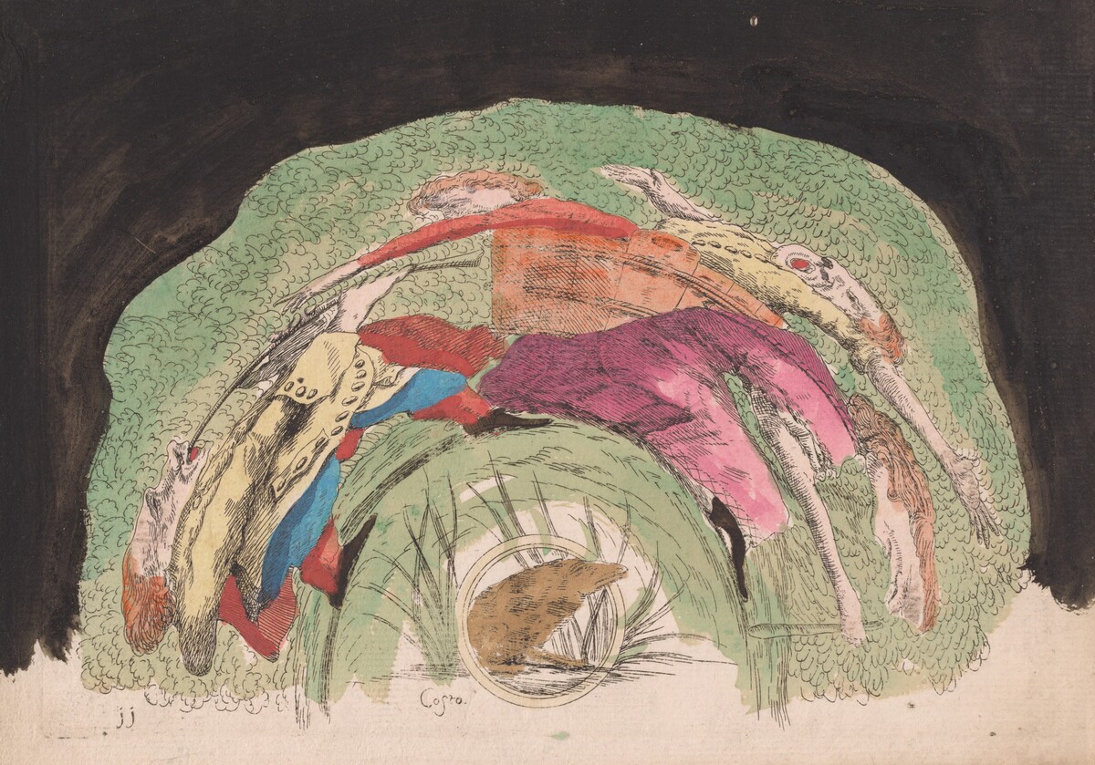 A Woman Carrying Two Children in a Basket, with a Musician