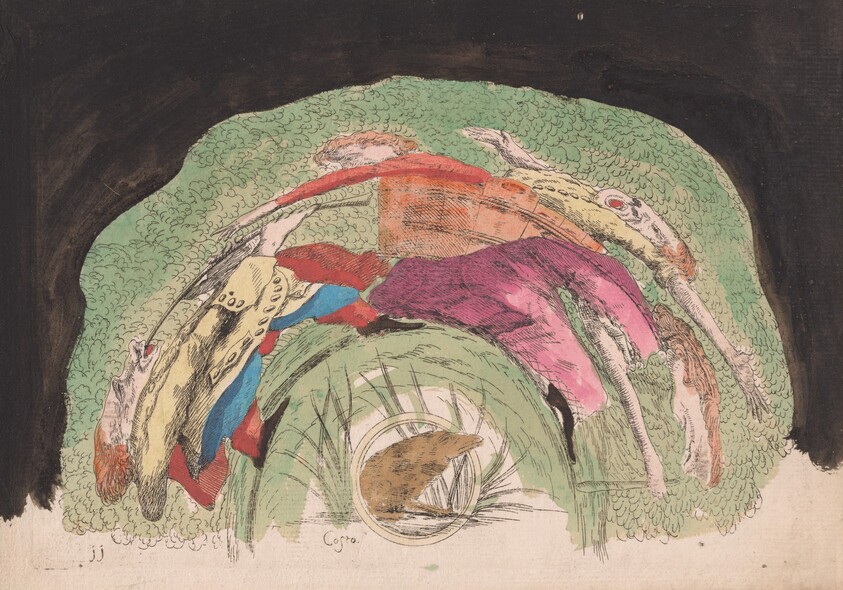 A Woman Carrying Two Children in a Basket, with a Musician