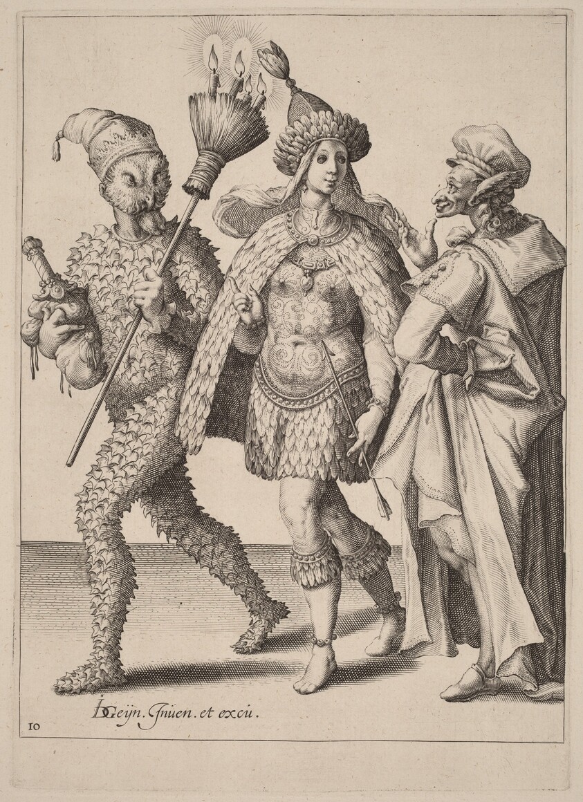 An Old Mummer Addressing a Couple Dressed in Feathers