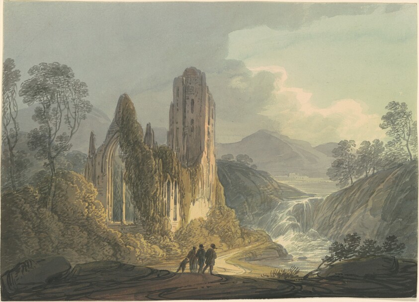 A Ruined Abbey by a Waterfall