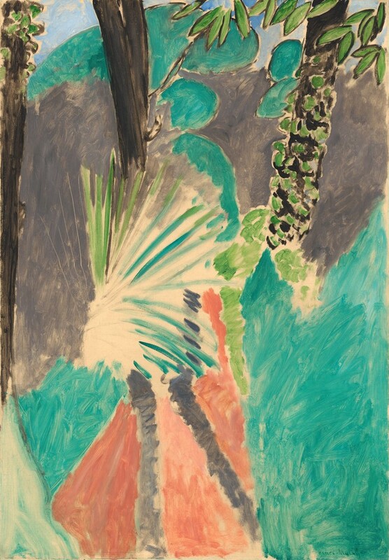 Fields of elephant gray, coral orange, and turquoise surround a fan-like, abstracted palm frond near the center of this vertical, abstract painting. The fronds of the palm radiate like a starburst against unpainted, cream-white canvas. Three black, vertical bands spaced behind the palm suggest tree trunks, with the rightmost trunk dotted with spring green, perhaps representing moss or the leaves of a vine. The fields of gray to either side of the frond, the turquoise areas below the gray, and the coral at the bottom center are painted with visible brushstrokes, creating a mottled effect. Rounded turquoise forms above the gray are silhouetted against a field of pale blue, perhaps representing the sky along the top edge. A few pointed, oval leaves painted spring green with black outlines dip into the scene from the top of the composition. The artist signed the work in dark green paint in the lower right: “Henri-Matisse.”