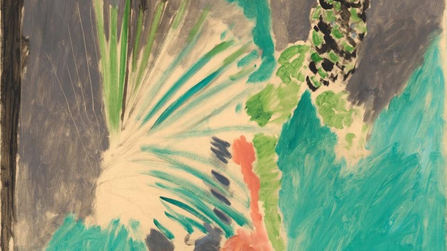 Fields of elephant gray, coral orange, and turquoise surround a fan-like, abstracted palm frond near the center of this vertical, abstract painting. The fronds of the palm radiate like a starburst against unpainted, cream-white canvas. Three black, vertical bands spaced behind the palm suggest tree trunks, with the rightmost trunk dotted with spring green, perhaps representing moss or the leaves of a vine. The fields of gray to either side of the frond, the turquoise areas below the gray, and the coral at the bottom center are painted with visible brushstrokes, creating a mottled effect. Rounded turquoise forms above the gray are silhouetted against a field of pale blue, perhaps representing the sky along the top edge. A few pointed, oval leaves painted spring green with black outlines dip into the scene from the top of the composition. The artist signed the work in dark green paint in the lower right: “Henri-Matisse.”