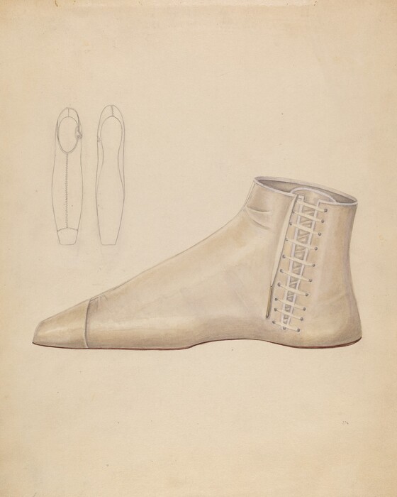 The image shows a detailed drawing of a side-angled light-colored ankle boot with lace detailing along the side. The color palette consists mainly of light beige and soft gray tones. In the upper left corner, there are pencil sketches of the boot from top and side views, showing outlines and the structure. All objects are set against an off-white background.