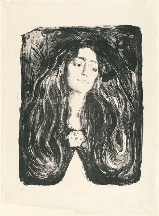 This print depicts a woman's upper body and head. She faces forward, her head slightly turned to the right. She has white skin, large eyes, a thin nose, and thin lips in a neutral expression. Her long hair flows down over her shoulders and chest. She appears to be wearing a dark garment, although her hair covers most of it, with a round pendant or brooch on her chest. The background is abstract with a dark, textured, brush-like effect.