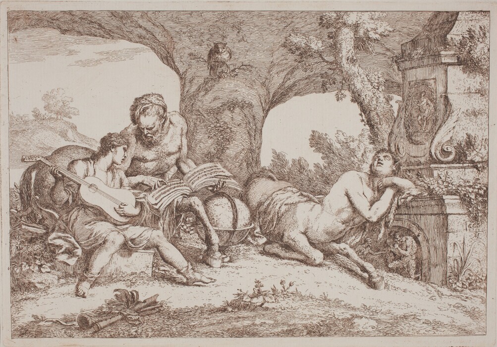 This is a drawing of mythological creatures in a landscape. The image shows a gathering of mythological beings under a tree canopy. One figure plays a stringed instrument, another reads a book or musical score. Another creature with a horse’s lower body lounges nearby, leaning on an architectural structure with carvings and reliefs. The background includes trees and a distant hill. The composition is detailed, with intricate lines showing texture of foliage, fur, and architecture.