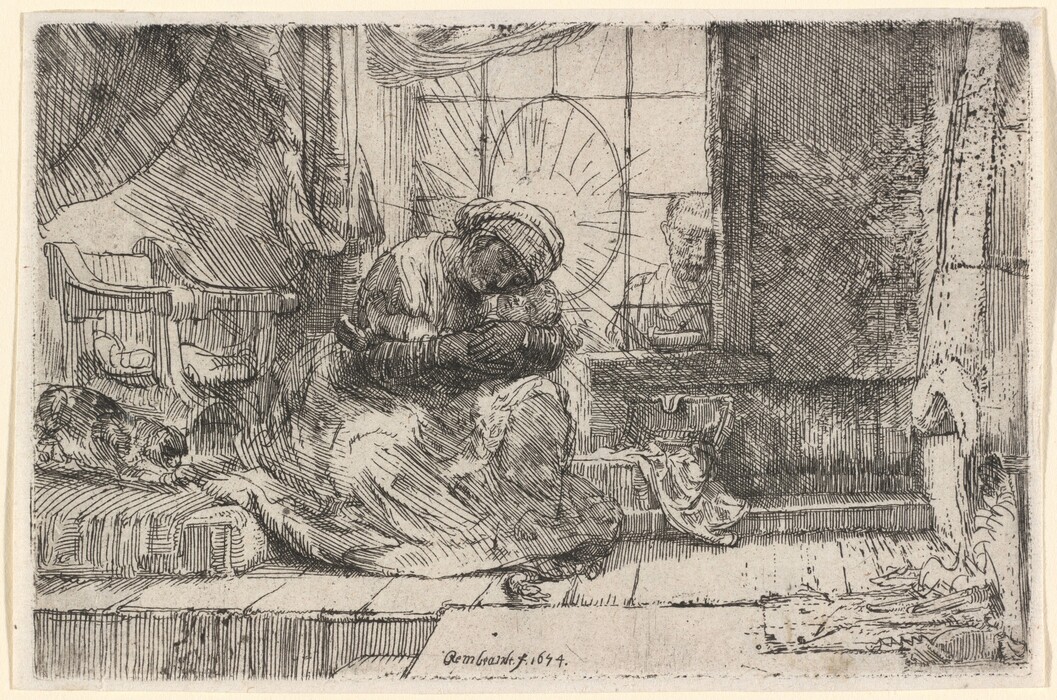 This is a drawing of an indoor scene featuring a seated figure holding a small bundle. The figure is seated with a chair nearby, a fabric spread over a surface, and a window behind them emitting light. The artwork showcases intricate line work, typical of etching techniques, reminiscent of Rembrandt's style known for conveying emotional depth and detailed environments.