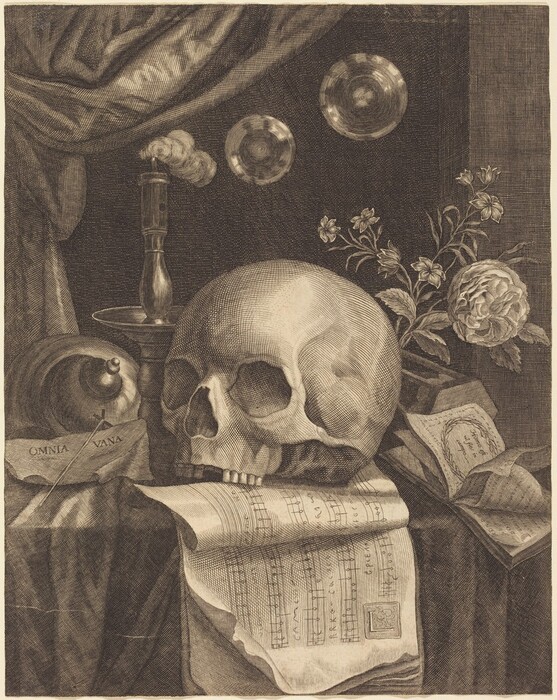This print features a human skull at the center, placed on sheets of paper with a book or journal to the right and large shell-like shape to the left. A crumpled piece of paper with "OMNIA VANITAS" written on it rests in front of the shell, and there is a candlestick next to it with smoke curling upward. Next to the smoke are what appear to be two transparent bubbles floating above the skull. Drapes are visible in the background, and there are flowers on the right.