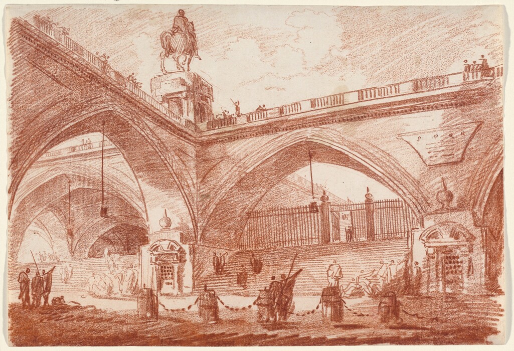 The image shows a perspective drawing of a large bridge with a rider on horseback statue atop it. The drawing emphasizes the detailed architecture of the bridge and the statue. Parts of the bridge's structure are highlighted with fine, controlled lines and shading. The color scheme is monochromatic with sepia tones, giving the drawing a historical feel. Figures and stone sculptures are seen close to the viewer, adding scale and liveliness to the scene. Background arches draw the eye into the distance, while the sky is lightly sketched to keep the focus on the bridge.