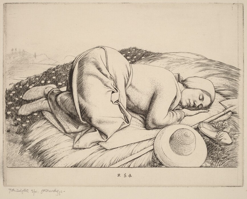 The image features a person lying on their side in a curled fetal-like pose. The person's head is resting on one arm, eyes closed, with a headscarf covering their hair. They are wearing loose-fitting clothing, positioned on a blanket in a grassy field. Nearby are a straw hat and a shoe. The background shows rolling hills and a distant landscape.