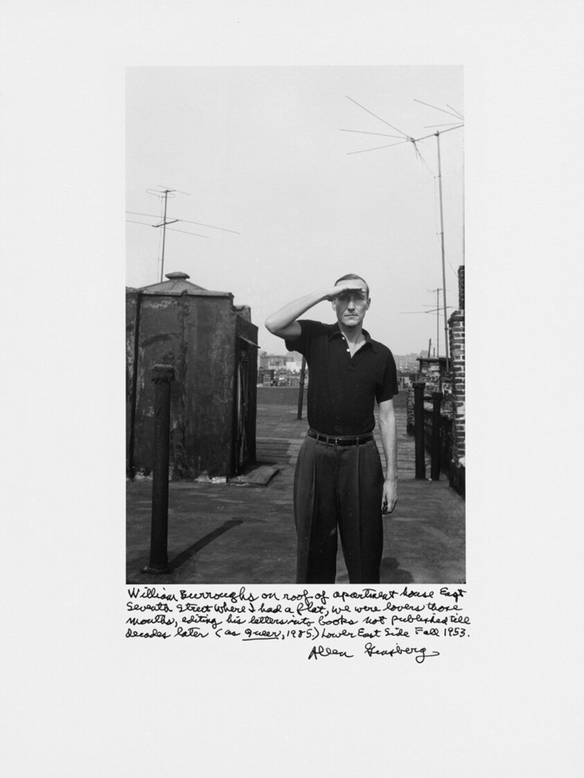 William Burroughs on roof of apartment house East Seventh Street where I had a flat, we were lovers those months, editing his letters into books not published till decades later (as _Queer_, 1985) Lower East Side Fall 1953.