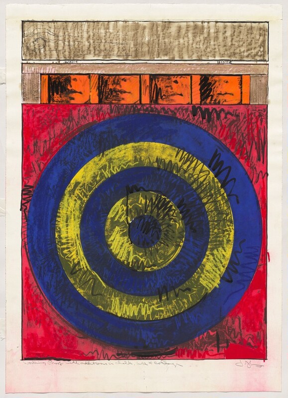 Concentric cobalt-blue and lemon-yellow rings forming a target alternate against a cherry-red background in this vertical photoscreenprint. The innermost circle is blue and is followed by two yellow and two more blue rings. Scribbled lines in the same colors and in black are scrawled across most of the rings and background. A row of four panels in pumpkin orange line the top of the target. Each panel encloses a person’s nose and mouth, shaded with gray and partially overlaid with black scribbles. A narrow beige rectangle runs across the top of the cubbies and the framing around them. Tiny text in a white gap between the stacked panels reads “HINGE” to the left and repeats it to the right. The image is surrounded by a wide white margin with some faint red smudges at the two bottom corners. A pencil inscription under the left corner of the printed image reads, “Working Proof with additions in chalk, ink + collage.” The artist scrawled his signature and the date, “1968” under the right corner.