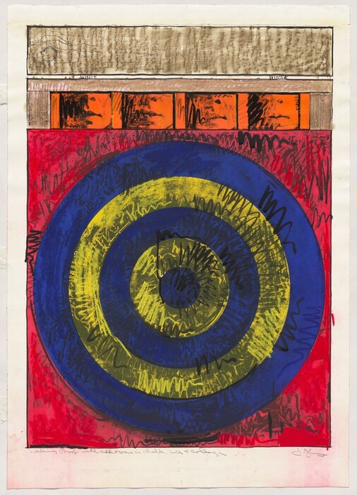 Concentric cobalt-blue and lemon-yellow rings forming a target alternate against a cherry-red background in this vertical photoscreenprint. The innermost circle is blue and is followed by two yellow and two more blue rings. Scribbled lines in the same colors and in black are scrawled across most of the rings and background. A row of four panels in pumpkin orange line the top of the target. Each panel encloses a person’s nose and mouth, shaded with gray and partially overlaid with black scribbles. A narrow beige rectangle runs across the top of the cubbies and the framing around them. Tiny text in a white gap between the stacked panels reads “HINGE” to the left and repeats it to the right. The image is surrounded by a wide white margin with some faint red smudges at the two bottom corners. A pencil inscription under the left corner of the printed image reads, “Working Proof with additions in chalk, ink + collage.” The artist scrawled his signature and the date, “1968” under the right corner.