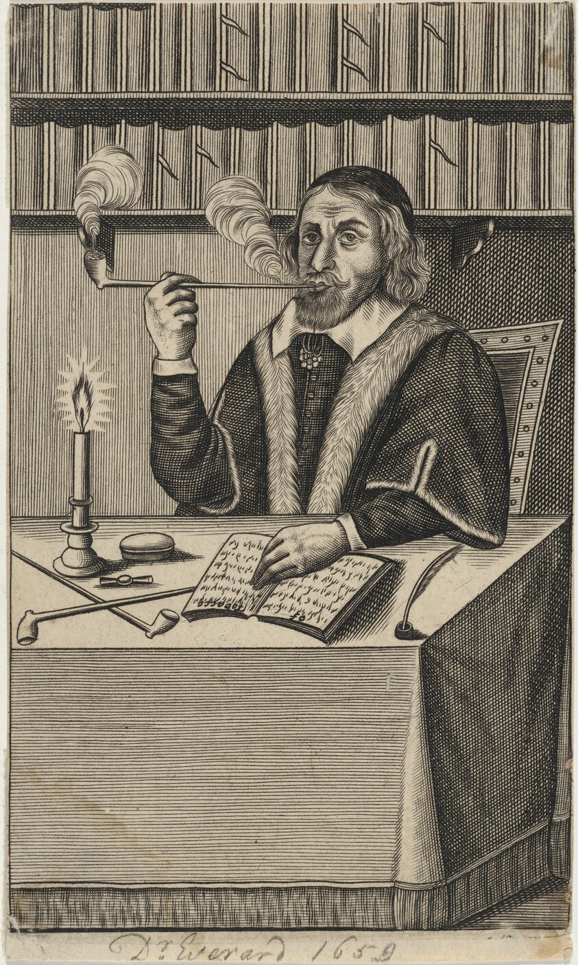 Dr. Giles Everard Seated at a Table Smoking aPipe