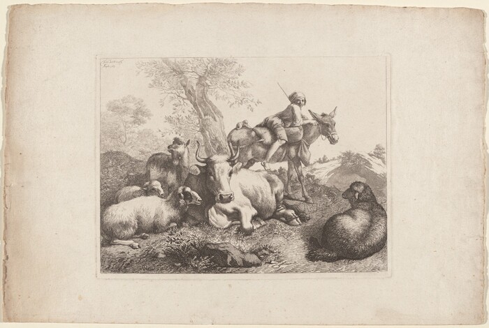 This is a drawing of a pastoral scene with livestock. The artwork depicts a tranquil rural setting featuring a group of farm animals, including a cow, goats, and sheep, resting under the shade of a large tree. In the right portion of the image, there is a donkey standing calmly. The background includes gently rolling hills and sparse trees, creating a serene countryside atmosphere. The animals are arranged in a naturalistic manner, conveying a feeling of contentment and ease in their environment.