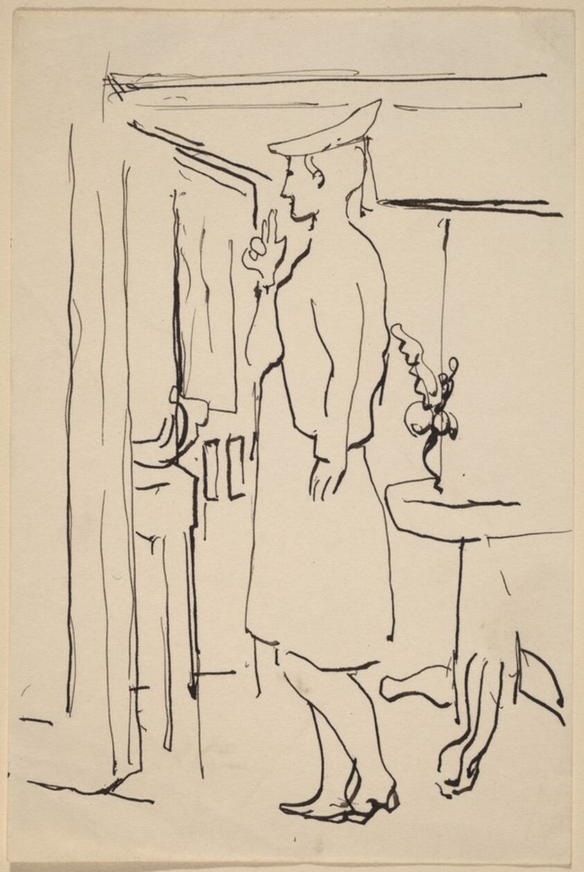 Standing Woman Looking Out of a Window with Right Hand Raised