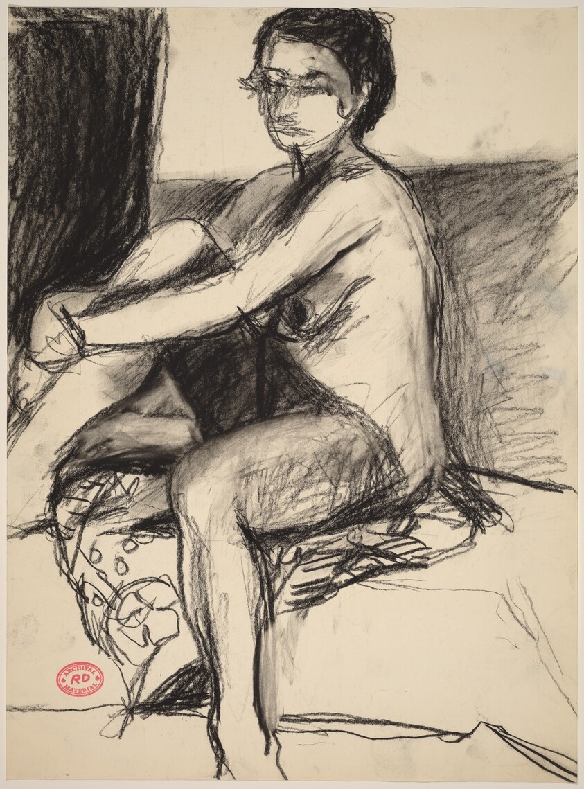 Untitled [female nude seated on a patterned fabric]