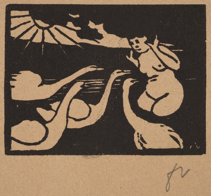 The image shows black lines and shapes on a tan background. The lines resemble swans with long necks, arcing towards a figure that looks like a person with outstretched arms. There are also jagged lines at the top.