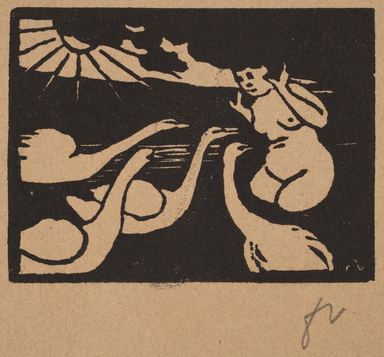 The image shows black lines and shapes on a tan background. The lines resemble swans with long necks, arcing towards a figure that looks like a person with outstretched arms. There are also jagged lines at the top.