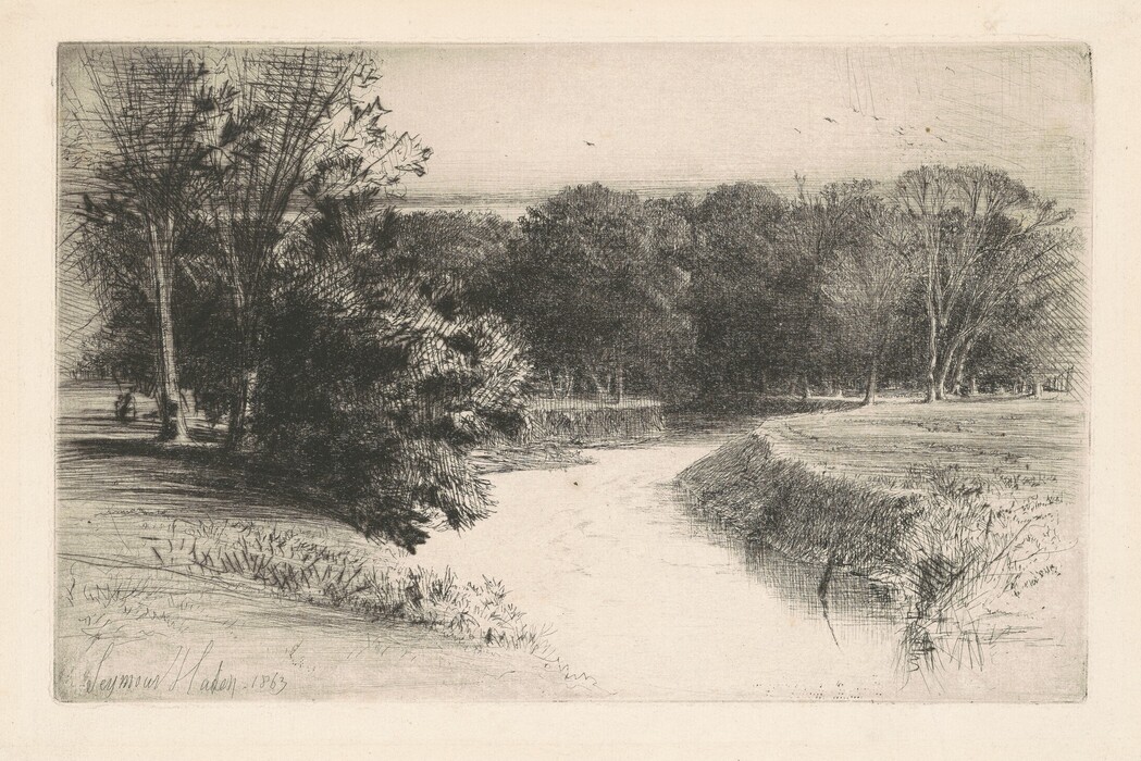 The image depicts a landscape viewed from a slightly elevated angle, featuring a stream winding through the scene. Trees line the horizon, created using fine lines for texture. The artwork is monochromatic with black and white shades for contrast. The stream curls around grassy edges in the foreground, while dense trees fill the middle ground. The horizon shows a sky and a few birds in flight above the treetops.