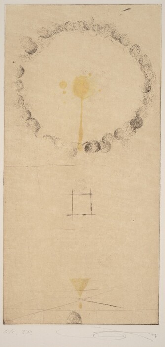 The image includes various shapes and lines against a plain background. There is an abstract circular pattern in the upper portion, a yellow circular shape with a vertical streak below it, a cross-hatched square, and an inverted yellow triangle with a dot underneath near the bottom. The composition is simplistic and minimalistic, drawing connections to familiar objects.