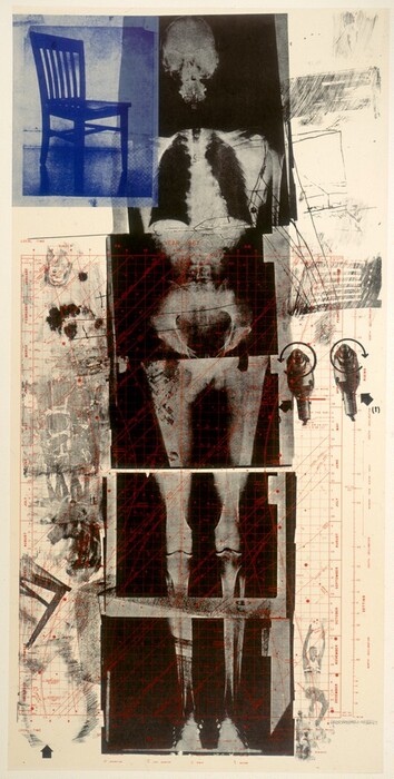 The image contains a variety of geometric shapes, grids, and organic forms. A blue chair silhouette is at the top, contrasting with gray-scale abstract shapes below. The shapes resemble skeletal structures, possibly hinting at an x-ray image. There are abstract lines, curves, and radial patterns in the background. Red lines form a grid-like pattern in the middle section. Textures and forms suggest gears, dials, or machinery parts. The composition blends abstract and recognizable elements in a complex way.