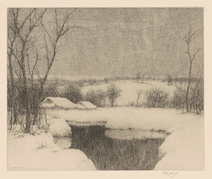 The image depicts a winter landscape with a high horizon showing snow-covered hills, leafless trees, and two snow-topped structures below. The scene is detailed with fine, linear brushstrokes creating a crosshatched texture. The color palette is monochromatic with various shades of gray. In the foreground, there are patches of snow around a reflective body of water, with sparse, bare trees on both sides.